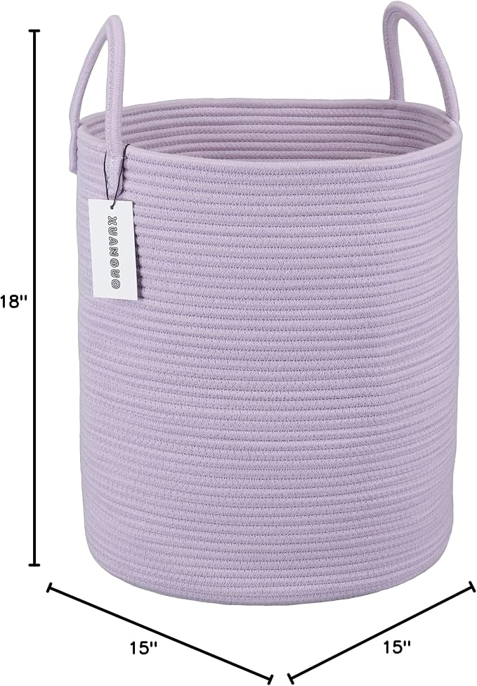XUANGUO Rope Laundry Basket Hamper for Clothes Large Purple or Lavender | Baby Nursery Hamper Bin and Woven Storage Basket for Living Room Bedroom Boho Tall Rope Baskets Blankets Toys Pillows Towels