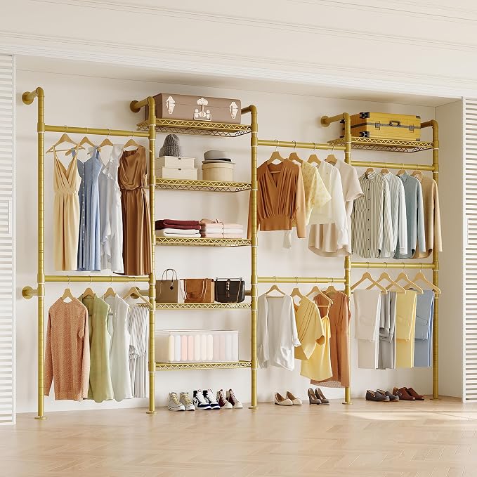 Higeego W4 Wall Mounted Clothes Rack, Industrial Pipe Clothing Rack, Garment Rack with 6 Hanging Clothes Rods Double Expandable Rods & 6 Adjustable Shelves, Heavy Duty Corner Wardrobe Racks, Gold