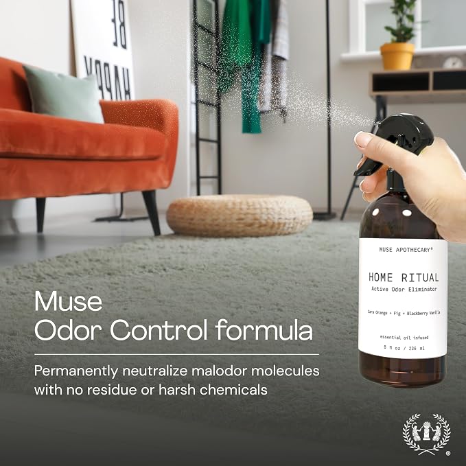 Muse Apothecary Home Ritual Active Odor Eliminator Spray - Furniture Deodorizer Spray & Bathroom Odor Eliminator for Home - Essential Oil Air Freshener - 8oz, Cara Orange + Fig + Blackberry Vanilla