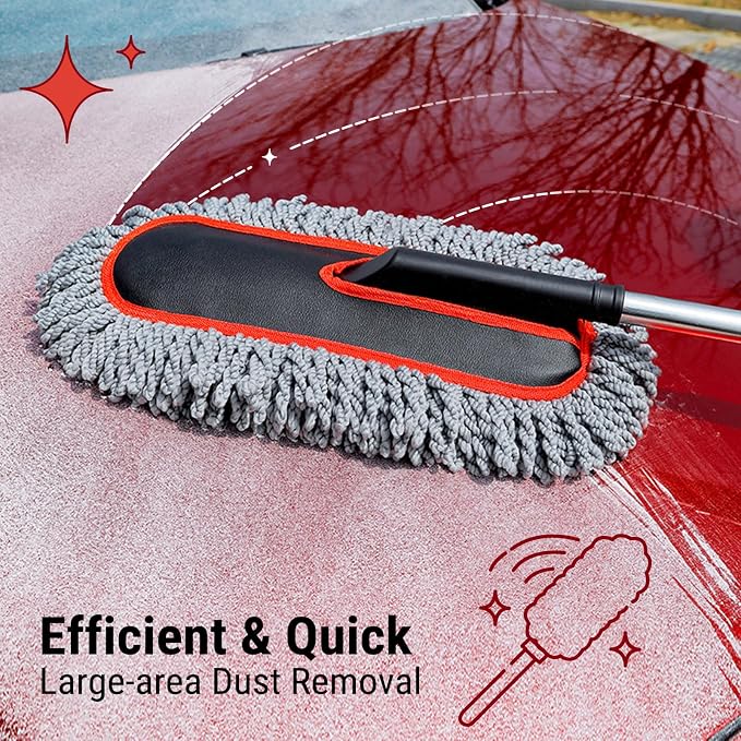 YeewayVeh Car Duster, Scratch-Free Microfiber Cleaning Brush, Gray/Red | Extendable Handle Pollen & Dust Remover for Truck, SUV, Vehicles & Home