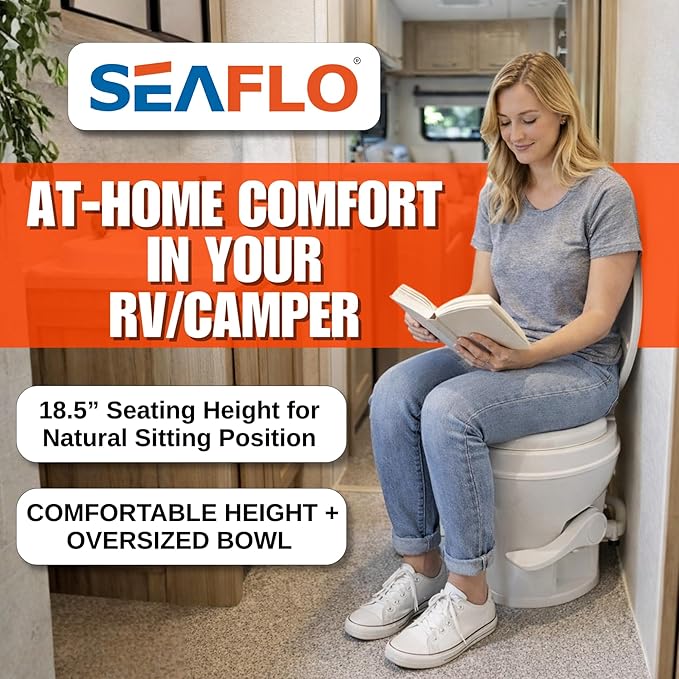 SEAFLO RV Toilet, Residential Height 18.4", Gravity Flush Foot Pedal, Soft Close Seat, Camper Toilet for RV Motorhome Travel Trailer, White, SFRTPH-01-01, 4-Year Warranty