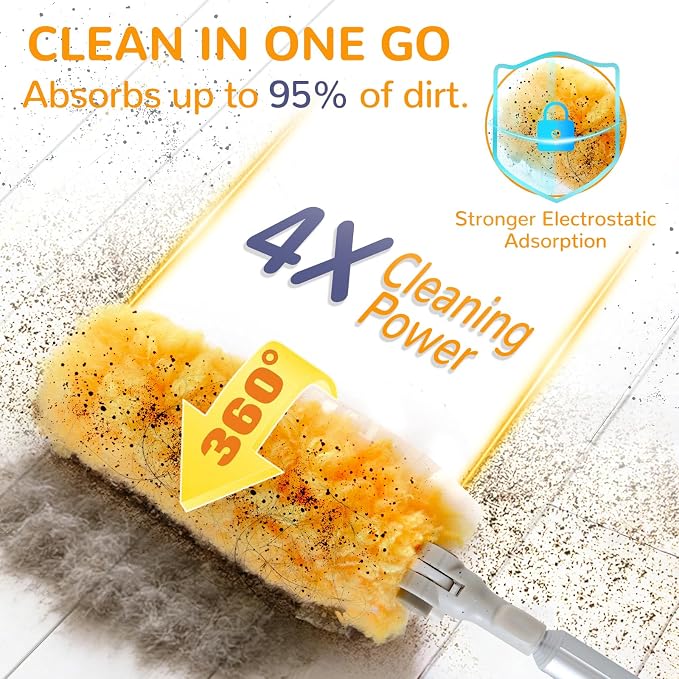 6 ft Heavy Duty Extendable Duster Handle with 50 Refills for Swiffer Duster, 360° Multi-Surface Dusters with 4X Cleaning Power for Home, Ceiling Fans, Windows, Dusting Hard-to-Reach Areas (Orange)