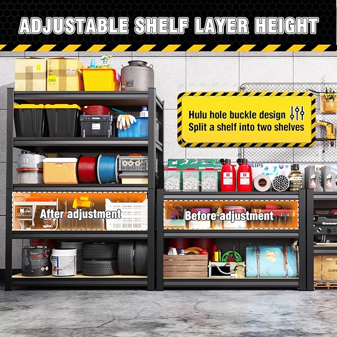 78" H Garage Shelving Heavy Duty Storage Shelves, Metal Adjustable Shelving Unit, Utility Garage Organizer Shelf for Basement, Pantry, Kitchen, Warehouse, 78" Hx45.6 Wx19.7 D, Black