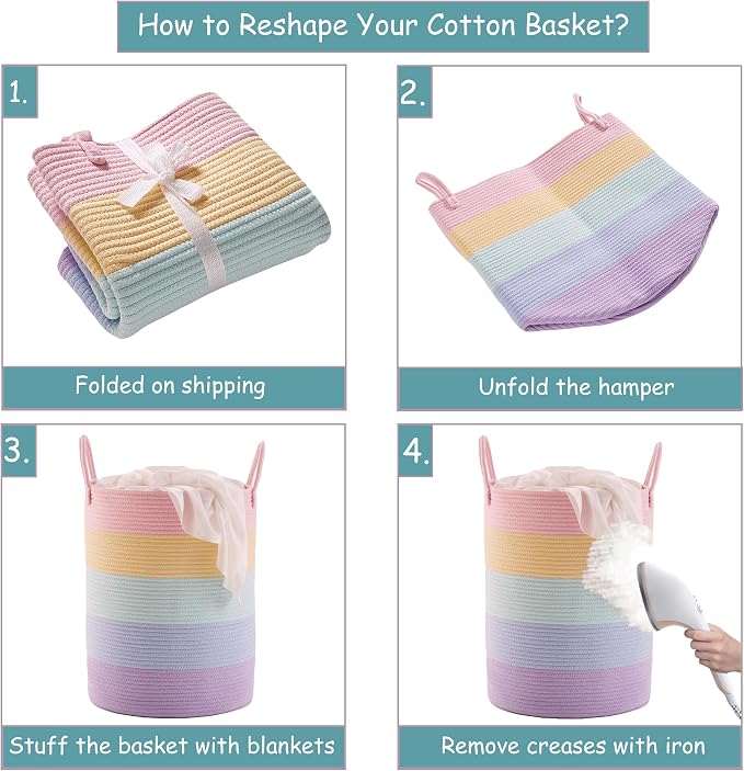 60L Laundry Hamper Basket for Girls Kids Baby Nursery, Rainbow | Large Woven Clothes Hamper for Living Room Girls Room Boho Tall Rope Baskets for Blankets Toys in Playroom Bedroom, 15Dx20H