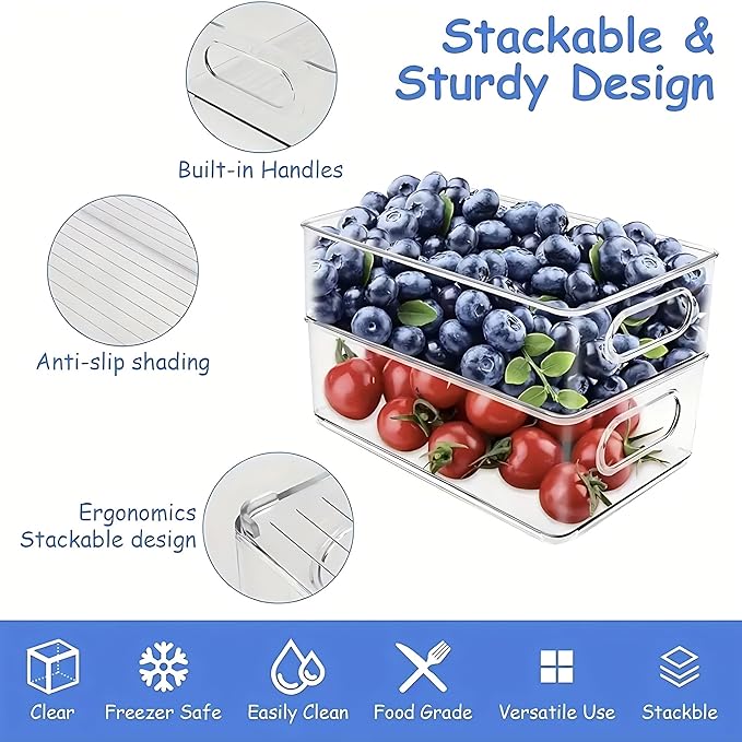 6 Pack Refrigerator Organizer Bins,3 Sizes Stackable Clear Pantry Storage with Handles for Fridge, Freezer, Shelves, Drawer, Snack Organizer for Home & Kitchen