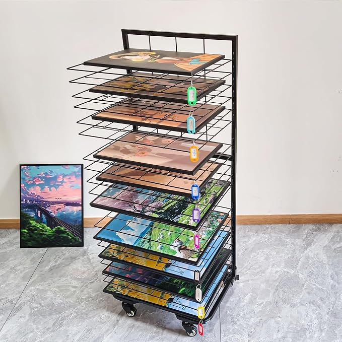Art Drying Rack for Classroom,Paint Drying Rack On Wheels with 19 Removable Shelves,Study Metal Art Storage Rack for Art Studios,Schools