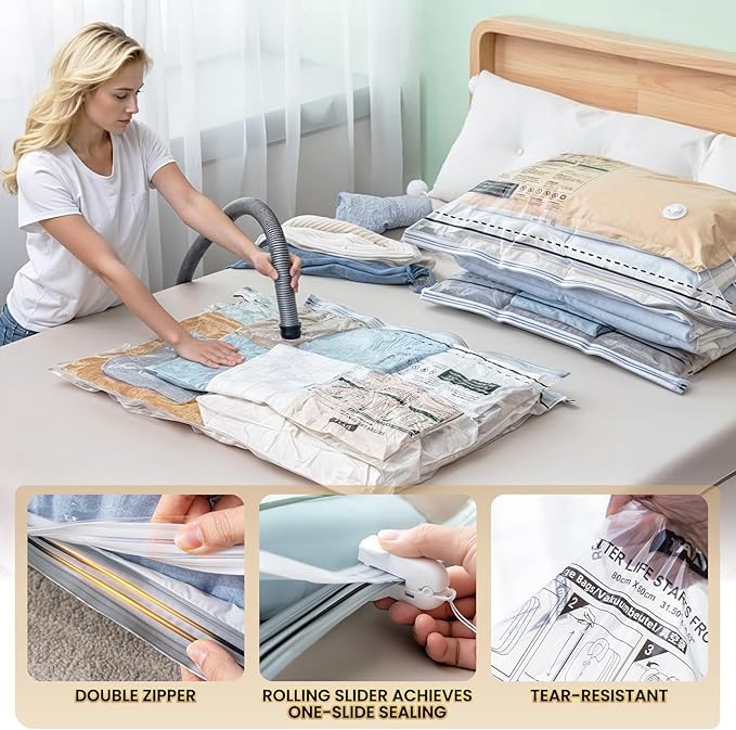 TAILI 8 Pack Vacuum Storage Bags, 2 Size Combo(4 Large+4 Jumbo), LONG SIDE ZIP Vacuum Seal Bags for Clothing, Space Saver for Beddings, Comforters, Blankets, Pillows