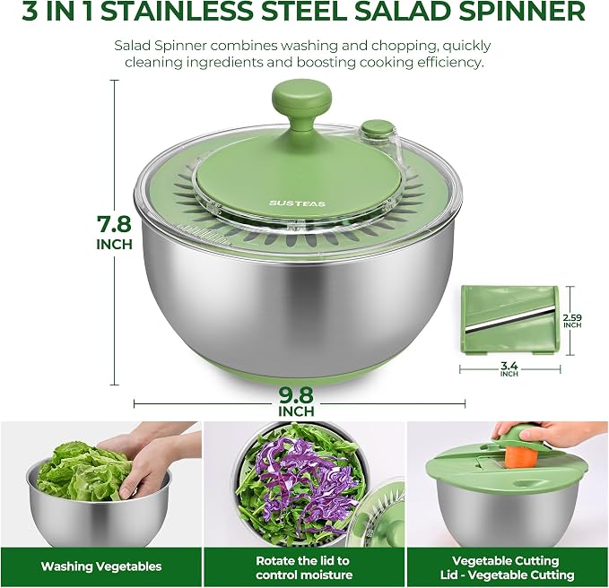 SUSTEAS Salad Spinner with Slicer and Stainless Steel Salad Spinner with Slicer, 4.2QT