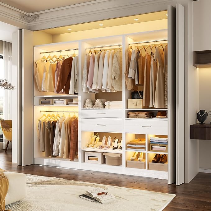 Unikito Closet System Set of 2, 5FT Closet Systems with 2 Wood Drawers, 61" Closet Organizer System with 3 Hanging Rods & 2 Shelves, Heavy Duty 61 Inch Walk-in Closet , White (61" L x 16" W x 80" H)