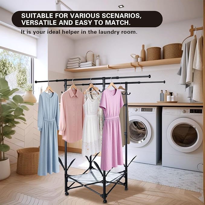 Folding Clothes Drying Rack with Extendable Rod and Wheels | Double Rod Extendable 33.1–56.7 Inches, Drying Rack Clothing with Wheels, Sweater Drying Net,Hat Hanger