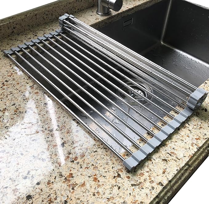 Tomorotec Roll Up Dish Drying Rack Over the Sink Grey Large Dish Drying Rack Rolling Foldable Collapsible SUS304 Stainless Steel Multipurpose Dish Drainer for Kitchen Counter (17.8”x15.7”)