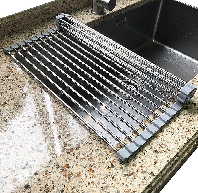 Tomorotec Roll Up Dish Drying Rack Over the Sink Grey Large Dish Drying Rack Rolling Foldable Collapsible SUS304 Stainless Steel Multipurpose Dish Drainer for Kitchen Counter (21”x15.7”)