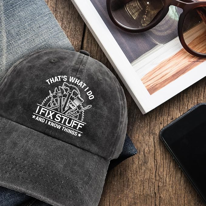 Funny Tool Hats That's What I Do I Fix Stuff and I Know Things Printed Cotton Adjustable Baseball Caps Men's Distressed Black Baseball Hats Trendy Birthday Gifts for Dad Husband Neighbor