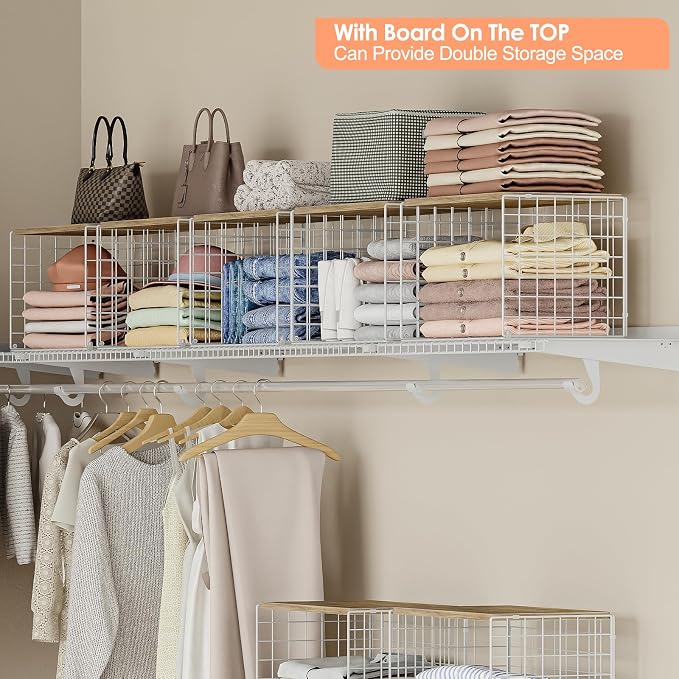 6 Pack Extra-Long Closet Organizers and Storage with Top Board, Stackable Closet Shelf Organizer, Double Storage Design, Clothes Storage Cube/Bin/Basket for Wardrobe, Space-Saving, White,Sturdy,Metal