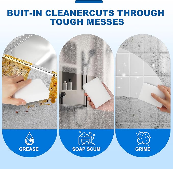 Extra-Thick Melamine Sponge Erasers, 3.94 x 2.76 x 1.18 in, 50 Count | Water-activated extra-thick pads lift grime on kitchens, baths, tile, sinks and appliances; cut to fit tight spaces.