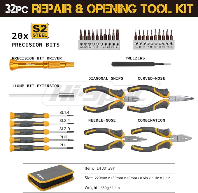 Hi-Spec Electronics Repair & Opening Tool Kit for Laptops Phones Devices | 32pc, everyday fixes made easier, organized portable storage, beginner-friendly selection, apartment and office tasks, tidy