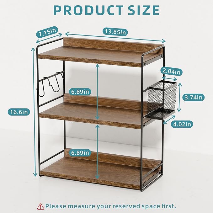 3-Tier Bathroom Counter Organizer with Basket, Brown | Wood Shelf for Skincare & Makeup, Sturdy & Space Saving, for Kitchen, Bathroom, Dresser