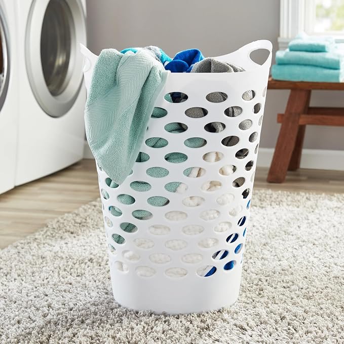 Tall Flex Laundry Basket Plastic Hamper for Clothes, Bedroom, and Storage with Handles 17.75" x 17.25" x 26", White