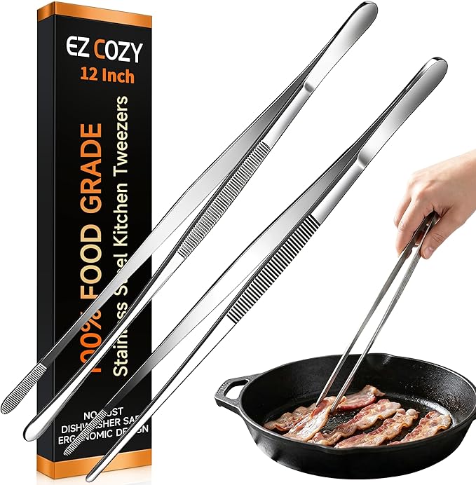 Kitchen Tweezers 2PC Cooking Tongs Set, Stainless Steel Food-Grade 12" Long Tweezers, Pointed & Rounded Tip Metal Tongs for Cooking, Kitchen Gadgets for Grilling, BBQ, Pasta, Food Serving