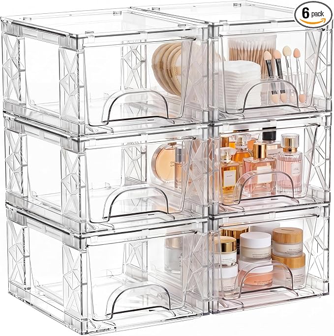 Stackable Storage Drawers 6 Pack 4.4in Clear Medicine Bins Organizer