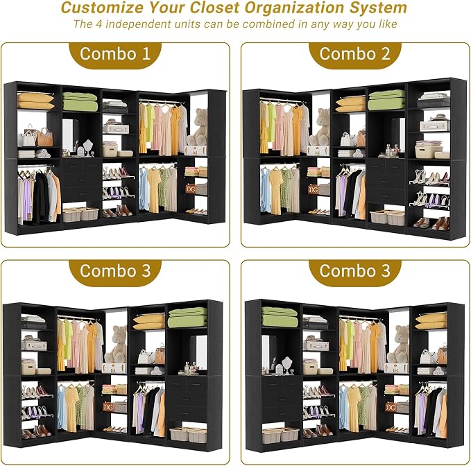 Unikito 110” Closet System with Drawers, Corner Closet Organizer with 4 Hanging Rods and Mirror Design, 9.3FT Reversible Large Wood L Shaped Walk in Closets Wardrobe with Shoe Shelves, Set of 4, Black