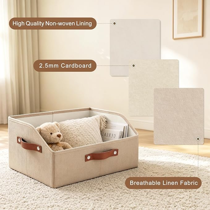 Bagnizer Closet Organizers and Storage, Linen Trapezoid Storage Bins with Handles, Collapsible Shelf Organizer for Blanket, Towel, Clothes, Hats, Purse (Khaki)