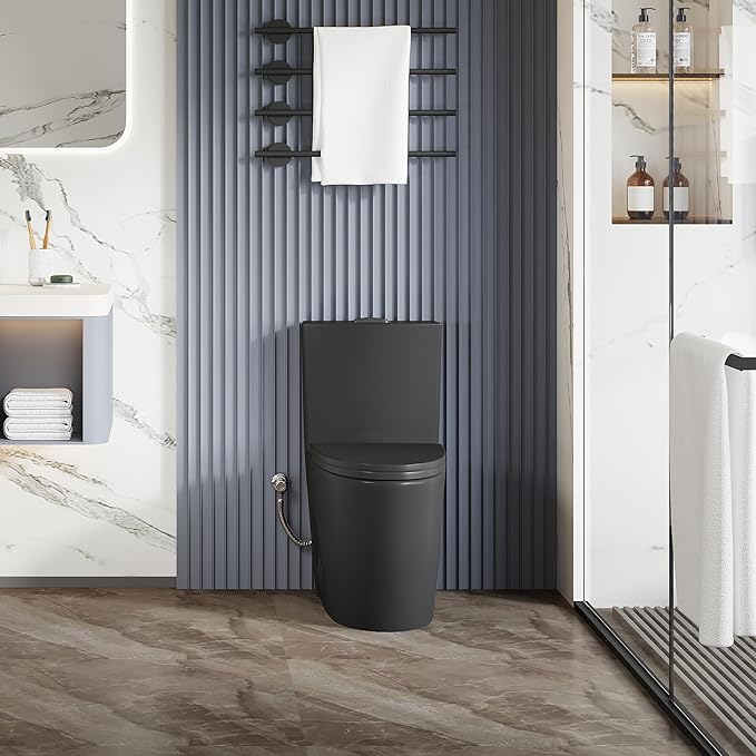 Eridanus Elongated One Piece Toilet with Powerful Siphon Dual Flush 1.1/1.6 GPF, 12" Rough-In Modern Bathroom Toilets with Comfort Soft Closing Seat Height 17", ADA Compliant Bowl, Matte Black
