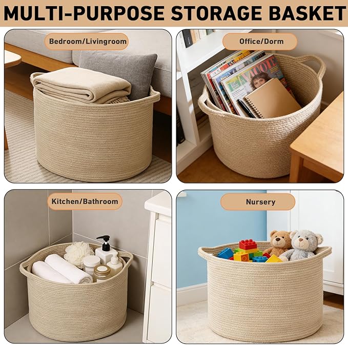 65L Extra Large Woven Cotton Rope Blanket Basket with Handles, Laundry Hamper Storage Bin for Pillows, Comforters,Clothes, Toys, Nursery, Bedroom and Living Room Organization,Camel