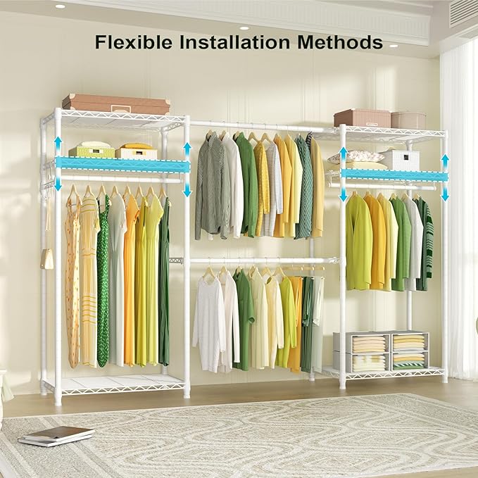 Ulif E1 Heavy Duty Closet Garment Rack, 6 Tiers Adjustable Metal Freestanding Expandable Clothing Storage with 4 Hanger Rods, Easy to Assemble Wardrobe, 71.4" H x (70" - 88.2") L x 14" D, White