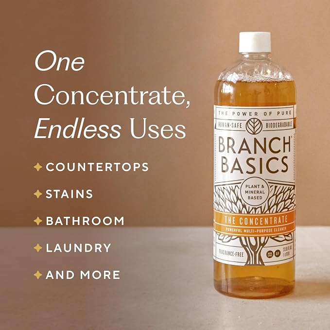 Branch Basics Cleaning Essentials Kit: All Purpose, Glass, Bathroom Cleaner | Plant-Based, Human-Safe, Fragrance-Free. Comes with Concentrate (33.8 oz) + Refillable Glass Bottles (16 oz). 24 Refills