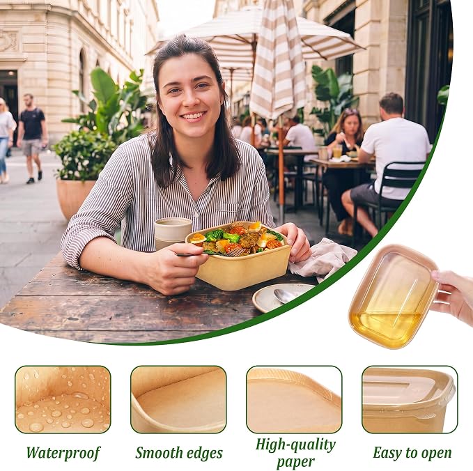 50 Pack 29oz Disposable Meal Prep Containers with Lids and Forks, Microwave and Freezer Safe Kraft Paper Bowls for Salad Noodles, Take Out Containers for Hot/Cold Food