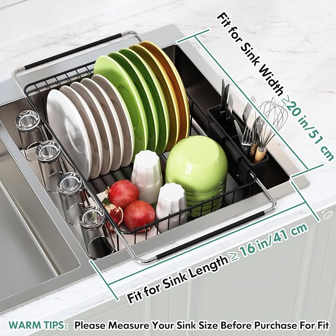 Over Sink Expandable Dish Drainer Drying Rack In Stainless Steel for Small Kitchen, Counter Space Saving Modern Black Compact Metal Above Plate Dryer Strainer, Adjustable Hanging Inside Drain Holder