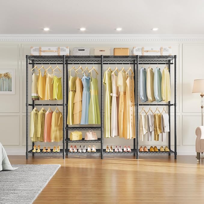 VIPEK V40 Plus Large Clothes Rack, 1300lbs Capacity Sturdy Metal Garment Rack, Clothing Rack with 6 Shelves & 4 Hang Rods, Adjustable Open Wardrobe Closet Organizer for Bedroom/Apartment/Retail, Black