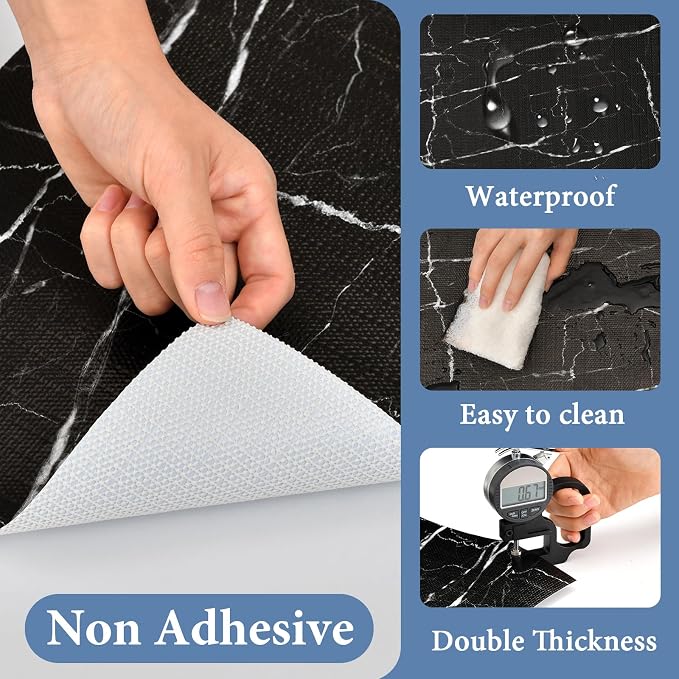 Drawer and Shelf Liner for Kitchen Cabinet: 17 in X 20 Ft Non Slip | Waterproof Shelf Paper Non Adhesive Refrigerator Liners Black Marble Easy Liners for Bathroom with Knife Tape Measure