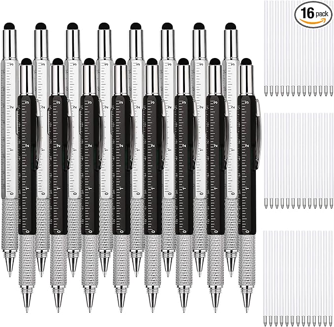 Zhanmai 16 Pcs Multi Tool Pens for Men, 6 in 1 Multitool Ballpoint Pen with Screwdriver Ruler Level Stylus Refills, Bulk Gifts for Employees Office Gadget Supplies Birthday Christmas Stocking Stuffers