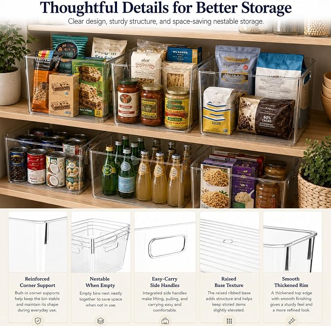 MOONEDGE 4 Pack Extra Large Clear Plastic Storage Bins 13x10x8in Organizers | 16QT Each, Pantry Organizers and Storage, Cabinet Storage, Bathroom, Closet, Under-Sink, Kitchen Shelves, Side Handles, Home