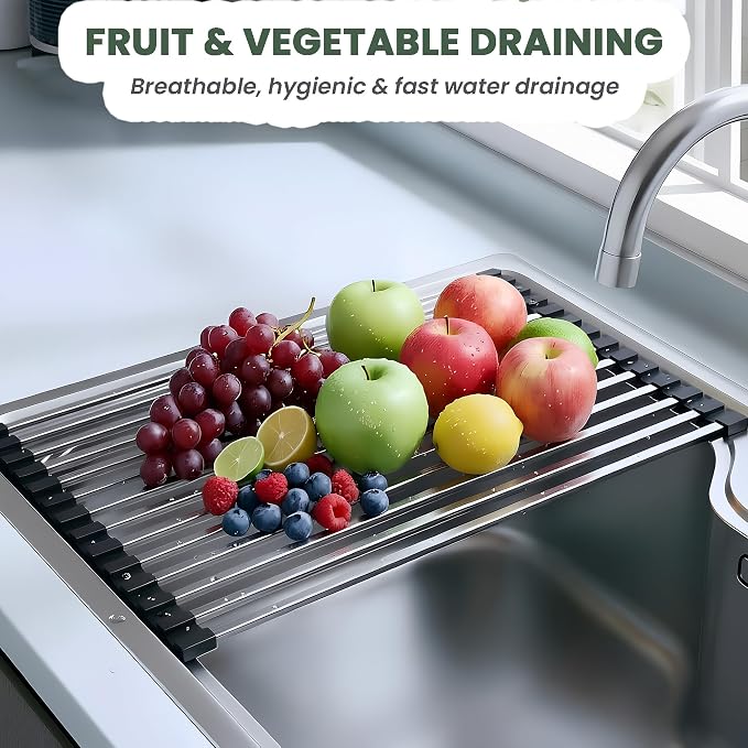 Roll Up Dish Drying Rack Over the Sink 304 Stainless Steel Kitchen Drainer | Durable and Rust Proof, Support Heavy Load, Easy to Clean, Foldable, Space Saving, Anti-Slip, Multipurpose, 17 x 13 Inches