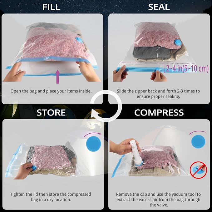 Vacuum Storage Bags 12 Pack Wireless Rechargeable Electric Pump for Travel | Plastic Vacuum Sealer Compression Bag, Space Saving Reusable for Clothes, Luggage, Packing, Backpack, Sweater, Shirt, Scarve