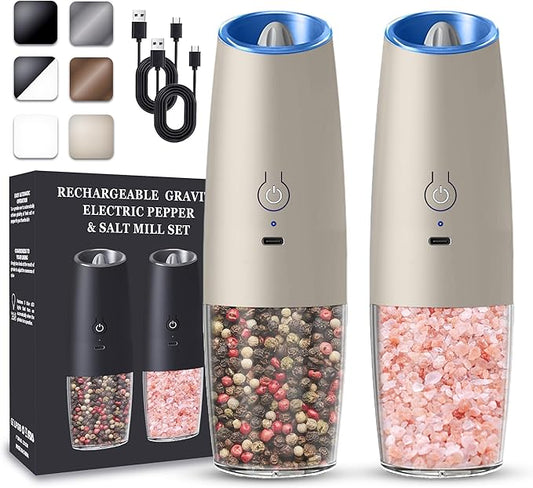 UNNEES Rechargeable Electric Salt and Pepper Grinder set of 2, gravity electric salt and pepper grinder set, Adjustable Roughness, LED Light, 2 Pack, (Khaki)