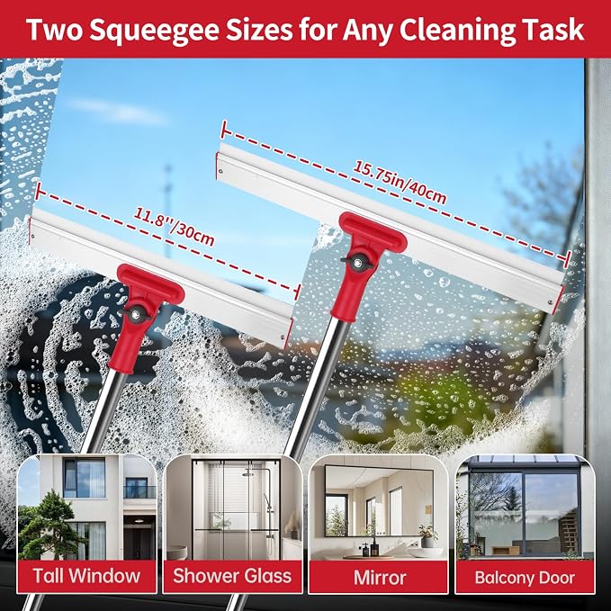 86.6" Window Squeegee for Home, Squeegee for Window Cleaning Kit with 6-Section Adjustable Long Handle, 16" & 12" Glass Scraper Squeegee for Shower Glass Doors & Windshield, Includes 4 Microfiber Pads