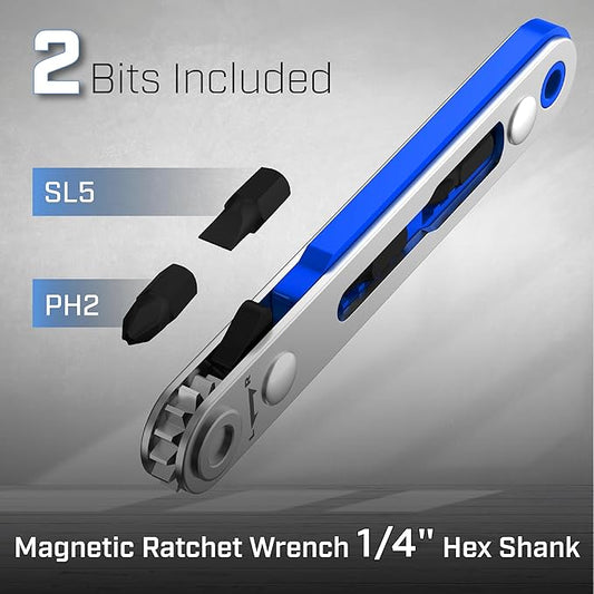 Bates- Mini Ratchet Wrench, 1/4" Magnetic 90 Degree Screwdriver, Blue, Low Profile Right Angle Screwdriver for Tight Spaces