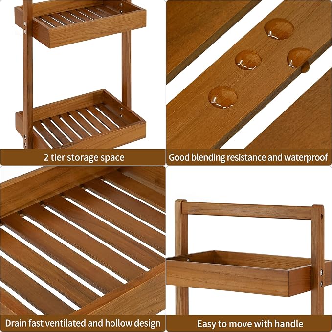 Utoplike Teak Wood Shower Caddy Corner, 2 Tier Bathroom Organizer Countertop, Standing Shower Rack with Handle, Stand Up Shower Basket for Shampoo, Shelf Rack for Inside Shower, Kitchen Desktop | Solid Shower Organizer with Handle, Stand Up Shower Bask...