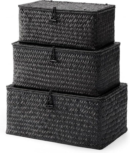 Nonam Storage Basket with Lid, Natural Seagrass Bin with Lid Set of 3, Shelf Baskets Multipurpose Container for Boho Decoration, Rectangular Household Storage Boxes for Home Organization-Black