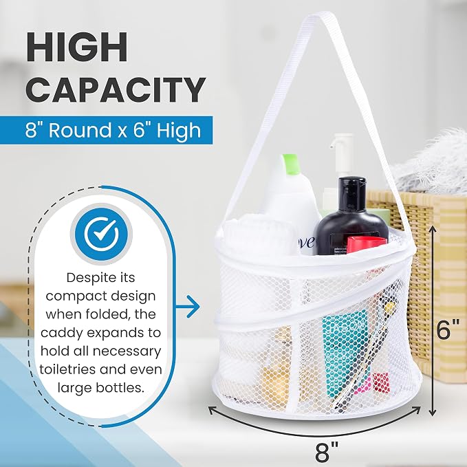Handy Laundry Portable Shower Caddy Mesh Basket, Small Collapsible Foldable Toiletry Caddy with Handle | Quick Dry Drain Hole, Large Compartments for College Dorm, Gym, Travel, Camping, White