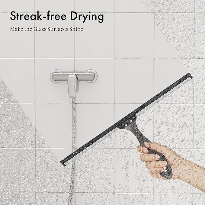 AmazerBath Shower Squeegee for Glass Doors, All-Purpose Squeegee with Suction Hook & Adhesive Hook, Squeegee for Shower Glass, Windows, Mirrors, Tiles and Car Windows - 12 Inches, Clear Black