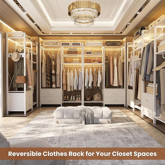 Besiost 78.7'' Clothes Rack for Hanging Clothes - Reversible Clothing Rack with 4 Drawers, Heavy Duty Garment Racks with Shelves, 6 Tiers Freestanding Portable Closet Wardrobe System, Set of 2 White