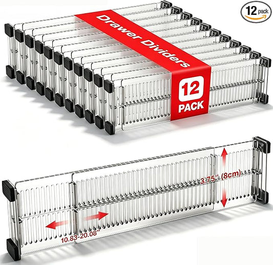 12 Pack Drawer Dividers for Clothes, 3.15" High, 10.83-20.08'' Adjustable | Clear Plastic Expandable Dresser Dividers Drawer Separators For Kitchen, Nursery Baby Clothing, Underwear Cosmetic Organizer