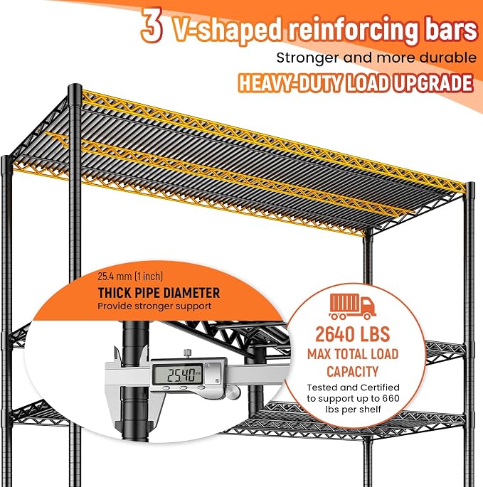 60" W Storage Shelves 2640 LBS Heavy Duty Garage Shelving, Adjustable Wire Shelving Metal Shelving with Liners, Fits 27-Gallon Totes, 60" W x 18" D x 68.4" H for Commercial Warehouse, Black
