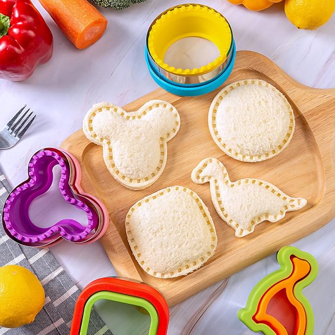 Nifogo Sandwich Cutter for Kids Lunch 48 Pcs (LARGE) | Sandwich Maker, Cookie Cutters and Sealer Set, Stainless Steel, Bread Decruster, Dinosaur Mickey Heart Shape for Boys Girls