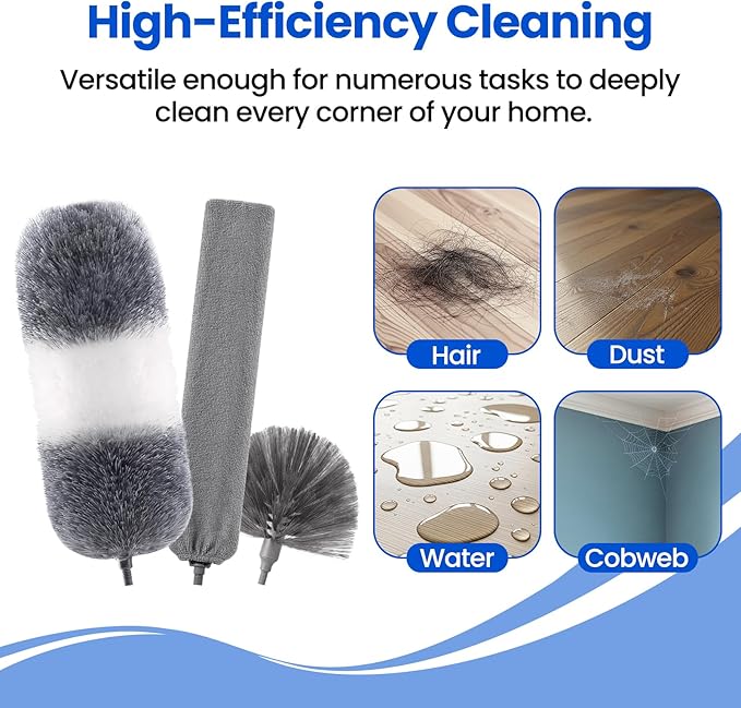 Extra-Long Dusters Kits with Extension Pole, 5 in 1 Cleaning Tools with Extendable Long Handle, Cobweb Duster, Microfiber Dusting Clothes for Gap, High Ceilings and Fans, Blinds, Cars and Furniture